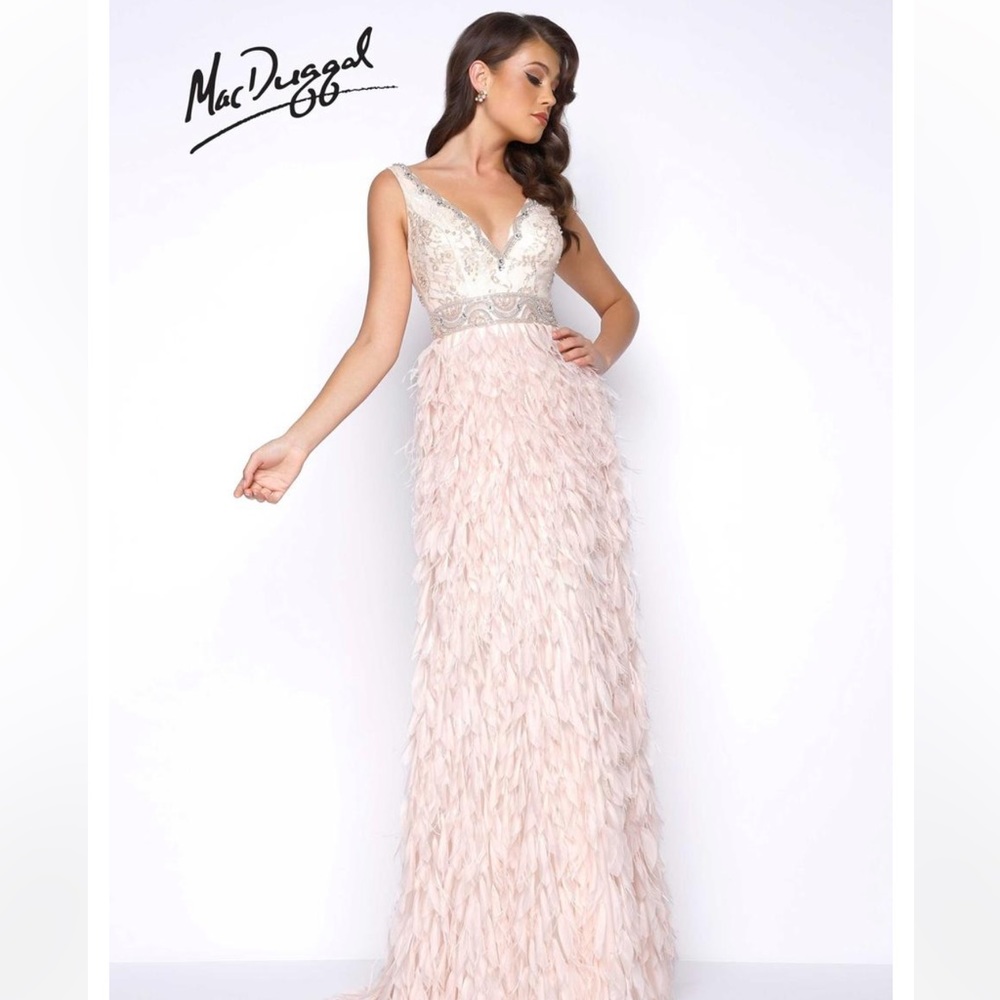 Blush Mac Duggal feathered beaded gown
